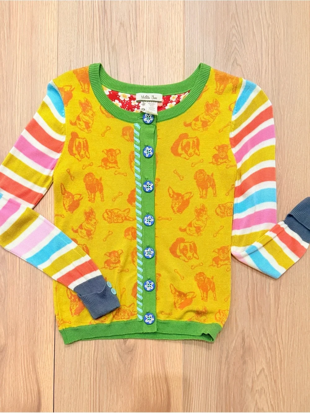 Matilda Jane Yellow Dog Pattern Cardigan with Multicolor Stripe Sleeves- Girls 8
